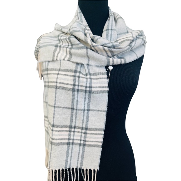 Pure Pashmina Wrap Silver Grey 3 Ply Plaid Scarf 12"x52" - Picture 1 of 5
